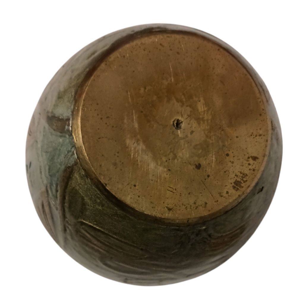 Vintage Brass Ginger Jar Urn Vase Painted Silver Dragonfly Lotus Flowers Patina. - Picture 4 of 16